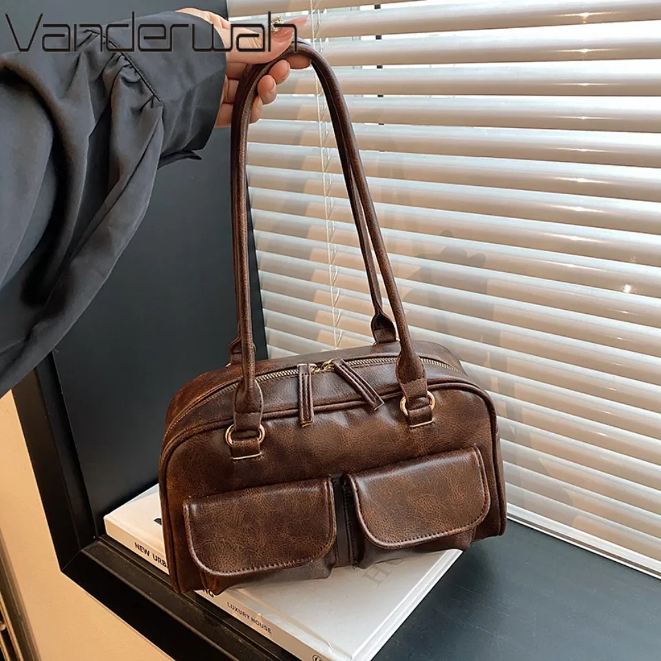 Vintage Women Business Shoulder Bags Simple Ladies Commute Tote Bag Pu Leather 2 Pocket Chic Female Underarm Hand Bag Handbags