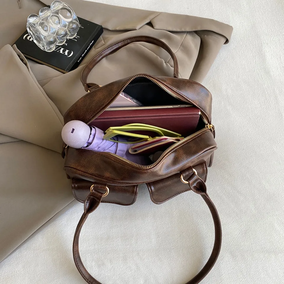 Vintage Women Business Shoulder Bags Simple Ladies Commute Tote Bag Pu Leather 2 Pocket Chic Female Underarm Hand Bag Handbags