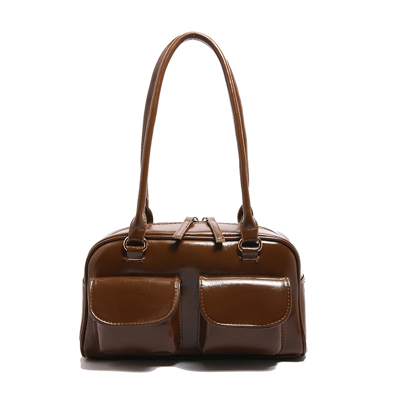 Vintage Women Business Shoulder Bags Simple Ladies Commute Tote Bag Pu Leather 2 Pocket Chic Female Underarm Hand Bag Handbags