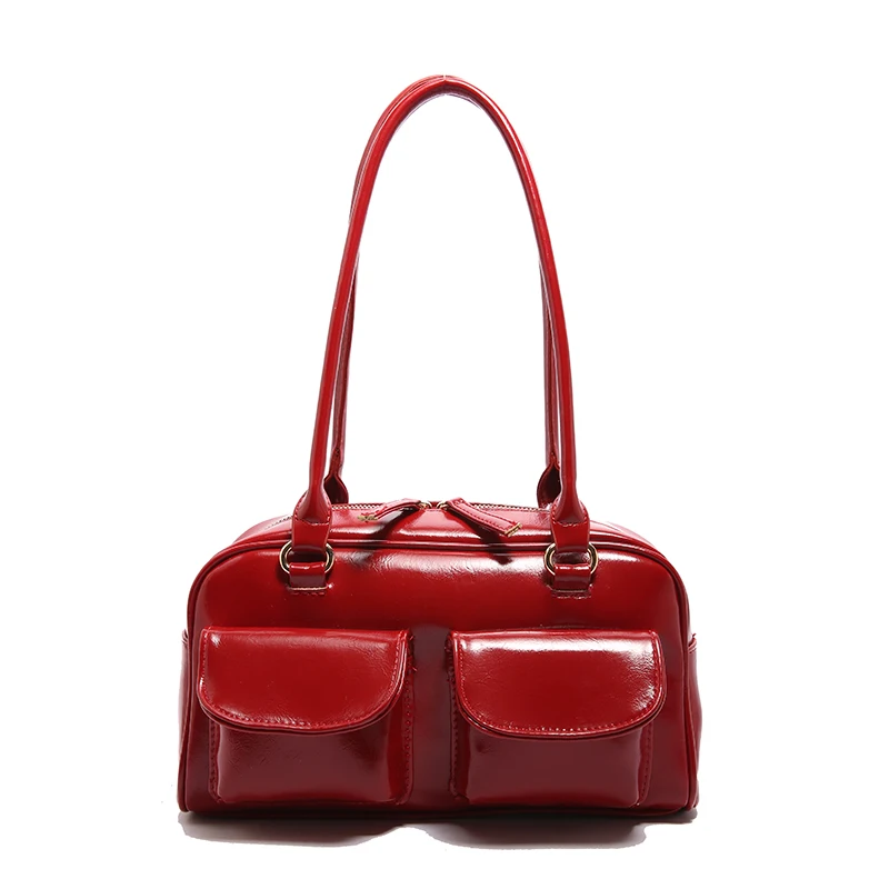 Vintage Women Business Shoulder Bags Simple Ladies Commute Tote Bag Pu Leather 2 Pocket Chic Female Underarm Hand Bag Handbags