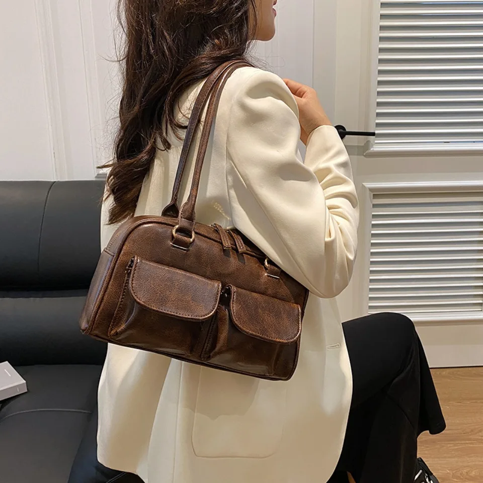 Vintage Women Business Shoulder Bags Simple Ladies Commute Tote Bag Pu Leather 2 Pocket Chic Female Underarm Hand Bag Handbags