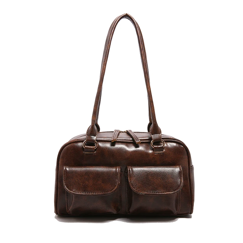Vintage Women Business Shoulder Bags Simple Ladies Commute Tote Bag Pu Leather 2 Pocket Chic Female Underarm Hand Bag Handbags