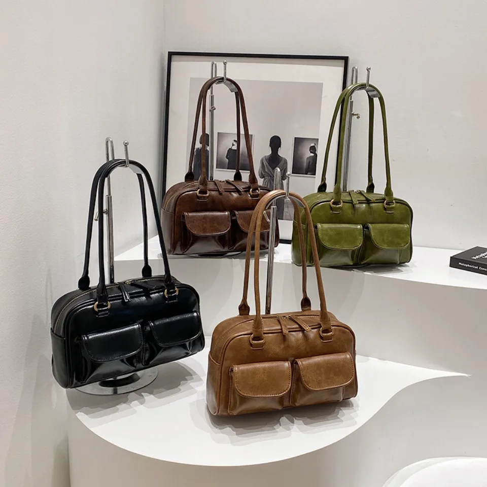 Vintage Women Business Shoulder Bags Simple Ladies Commute Tote Bag Pu Leather 2 Pocket Chic Female Underarm Hand Bag Handbags