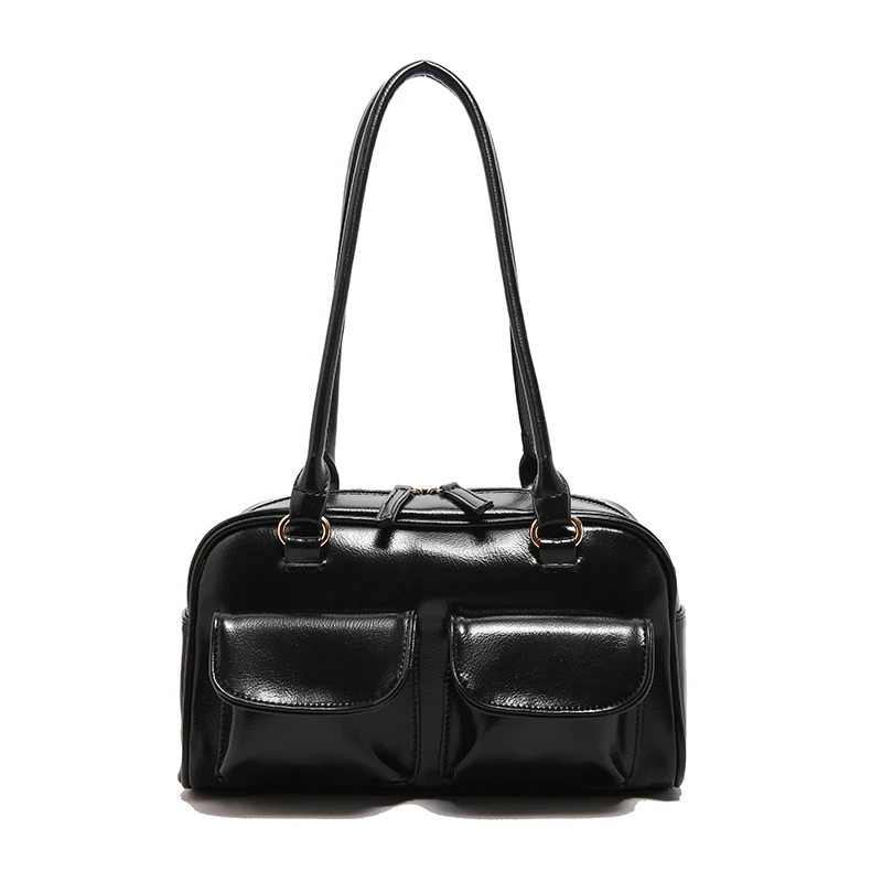 Vintage Women Business Shoulder Bags Simple Ladies Commute Tote Bag Pu Leather 2 Pocket Chic Female Underarm Hand Bag Handbags