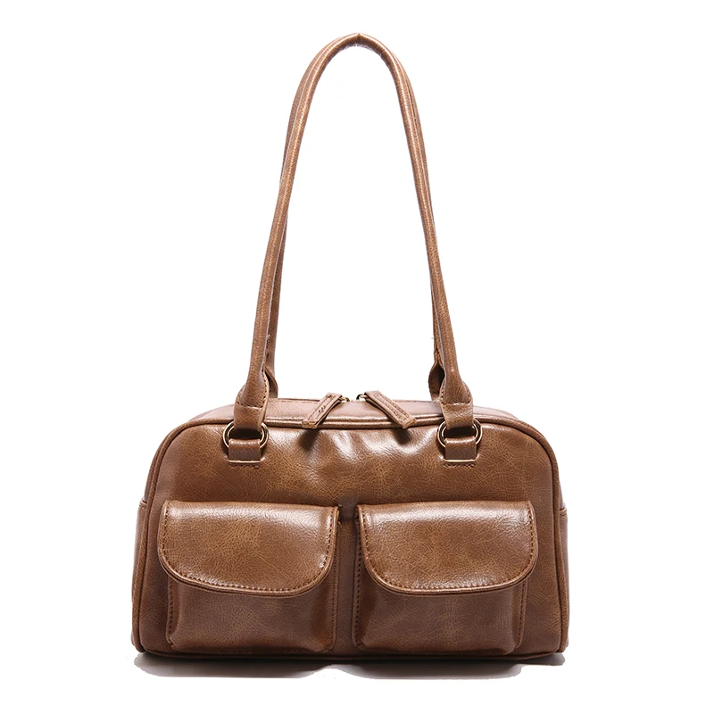 Vintage Women Business Shoulder Bags Simple Ladies Commute Tote Bag Pu Leather 2 Pocket Chic Female Underarm Hand Bag Handbags